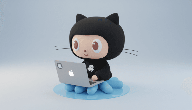 Octocat do GitHub utilizando notebook, representando práticas avançadas de versionamento de código