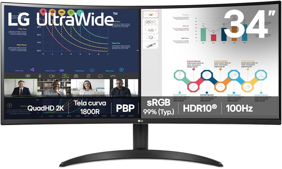 Monitor LG UltraWide Curvo 34" WQHD 21:9 HDR10 100Hz 5ms 34WR50QK-B - LG