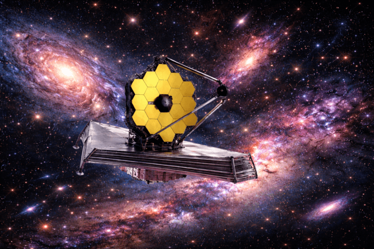 Telescópio James Webb no espaço entre galáxias representando o estudo da matéria escura