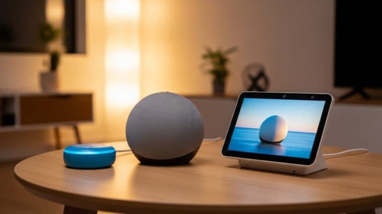 Imagem com dispositos amazon (Alexas) em cima de uma mesa.