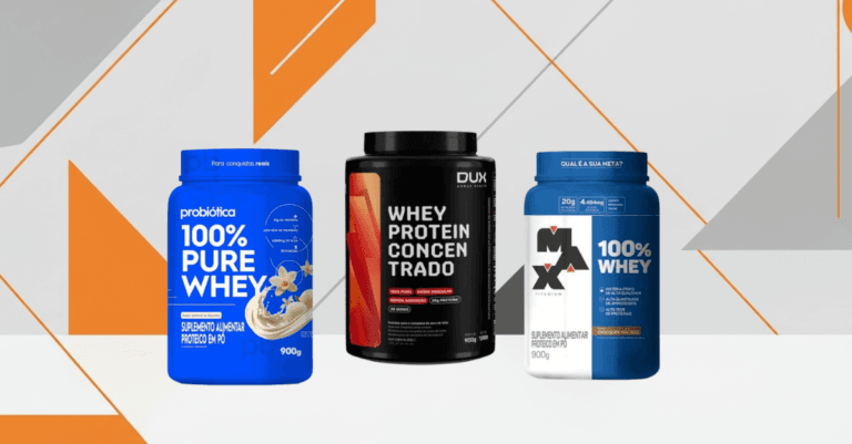 Whey protein em destaque com embalagens de suplementos, comparando os melhores whey para comprar em 2026