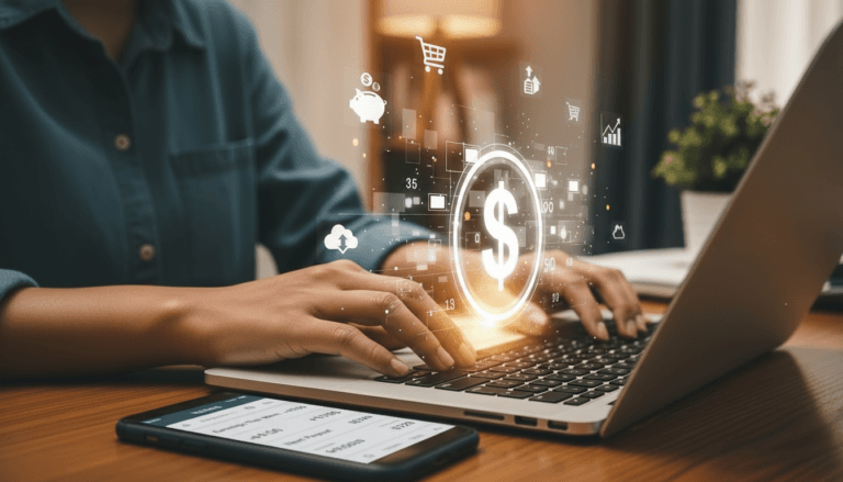 Pessoa usando ferramentas de IA no laptop para gerar renda extra com inteligencia artificial em 2026