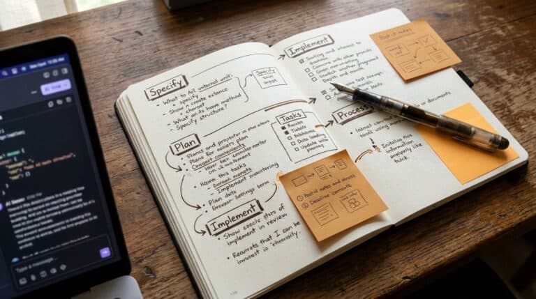 Spec-Driven Development ilustrado: caderno com especificação anotada à mão para agentes de IA em 2026