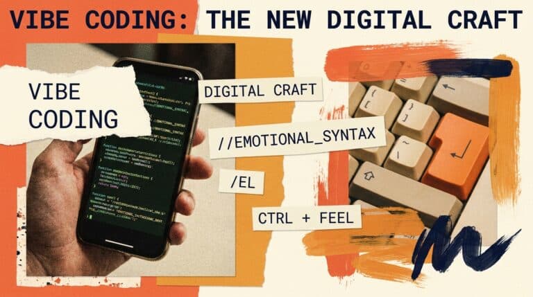 Vibe coding ilustrado em colagem editorial: programar com IA em linguagem natural em 2026