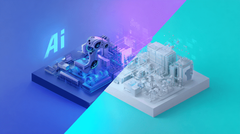 Diferença entre IA tradicional e IA generativa explicada visualmente Ilustração isométrica comparando inteligência artificial tradicional focada em análise e classificação de dados versu...
