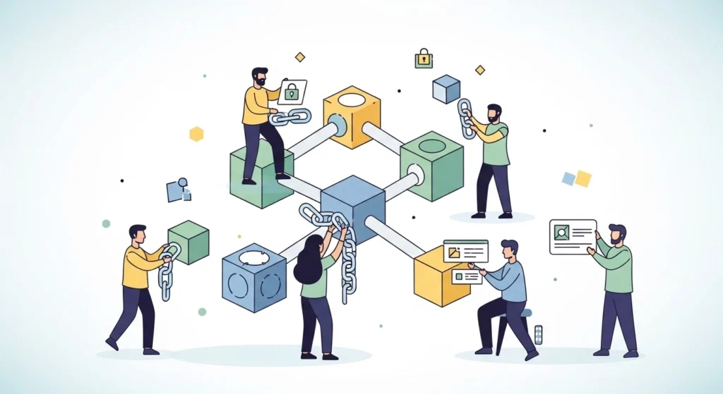 O que é blockchain — rede descentralizada de blocos Representação visual do que é blockchain com blocos encadeados e rede descentralizada de computadores