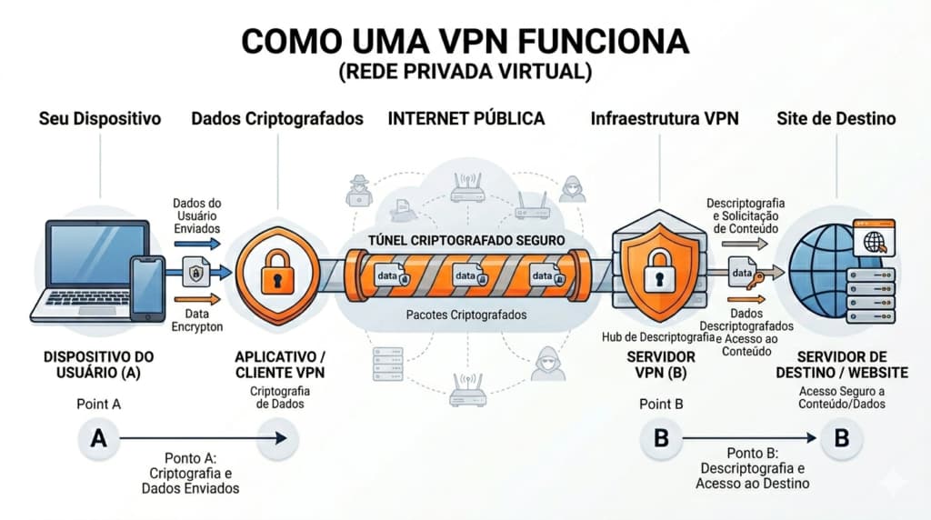 O que é VPN — Túnel Criptografado na Internet O que é VPN: ilustração isométrica de túnel criptografado protegendo dados na internet