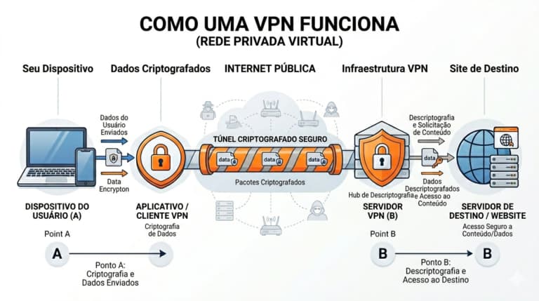 O que é VPN — Túnel Criptografado na Internet O que é VPN: ilustração isométrica de túnel criptografado protegendo dados na internet