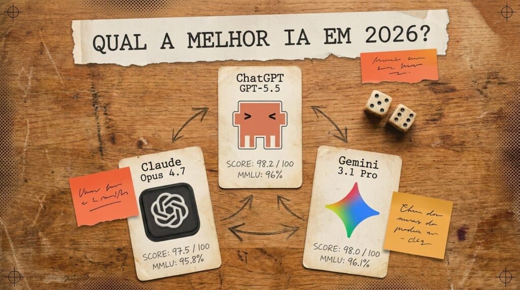 Qual a melhor IA em 2026 — comparativo Qual a melhor IA em 2026 — mesa editorial com cards comparativos de ChatGPT, Claude e Gemini com benchmarks anotados