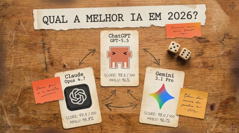 Qual a melhor IA em 2026 — comparativo Qual a melhor IA em 2026 — mesa editorial com cards comparativos de ChatGPT, Claude e Gemini com benchmarks anotados