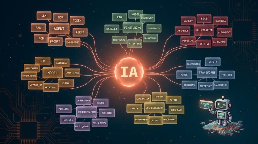 Glossário de termos de IA 2026 — constelação Glossário de termos de IA 2026 — constelação 3D de fichas glowing com siglas LLM, MCP, RAG e GPT em 7 clusters por ca...