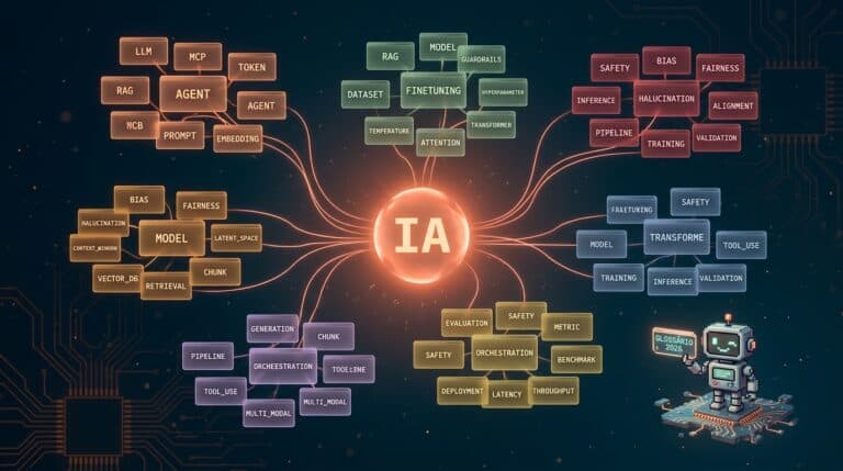 Glossário de termos de IA 2026 — constelação Glossário de termos de IA 2026 — constelação 3D de fichas glowing com siglas LLM, MCP, RAG e GPT em 7 clusters por ca...