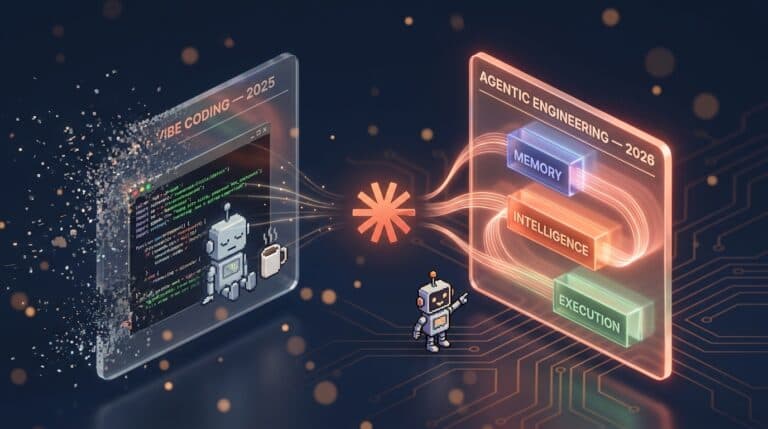 Agentic Engineering 2026 — paradigm shift Agentic engineering como sucessor do vibe coding em 2026 — paradigma cinematic 3D com painel novo se montando