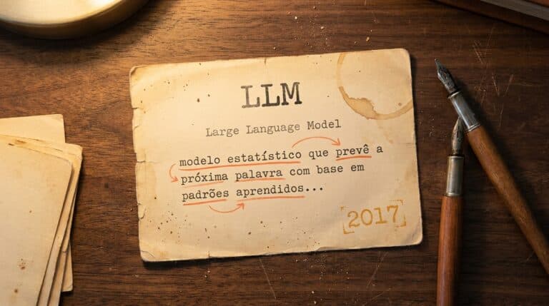 O que é um LLM — ficha vintage de biblioteca o que é llm explicação simples — ficha de biblioteca vintage com a sigla LLM ao topo e anotações em laranja conectand...