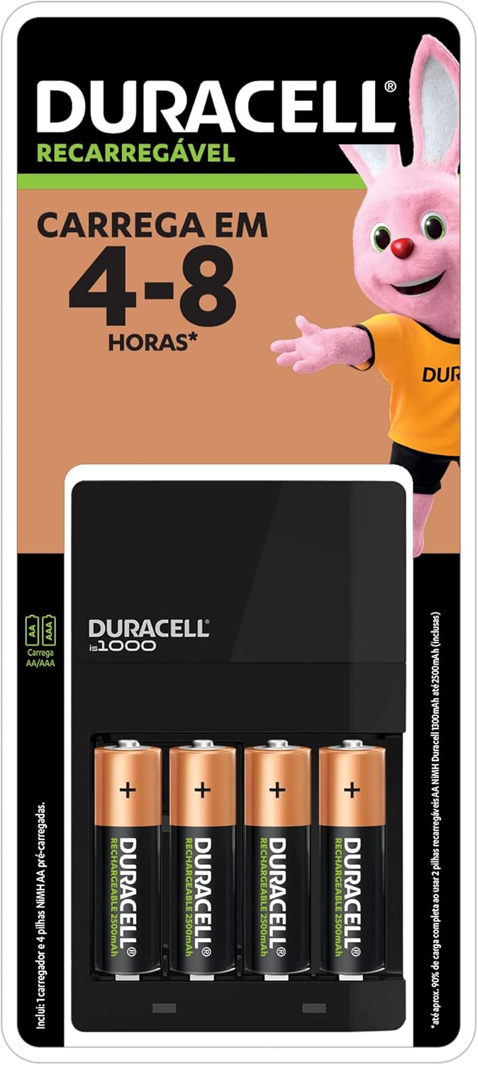 Carregador Duracell Pilhas Recarregáveis AA e AAA + 4 Pilhas AA